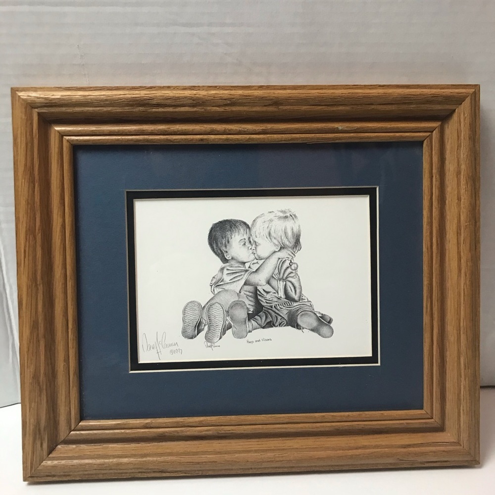 Framed Original Pencil Drawing Hugs and Kisses